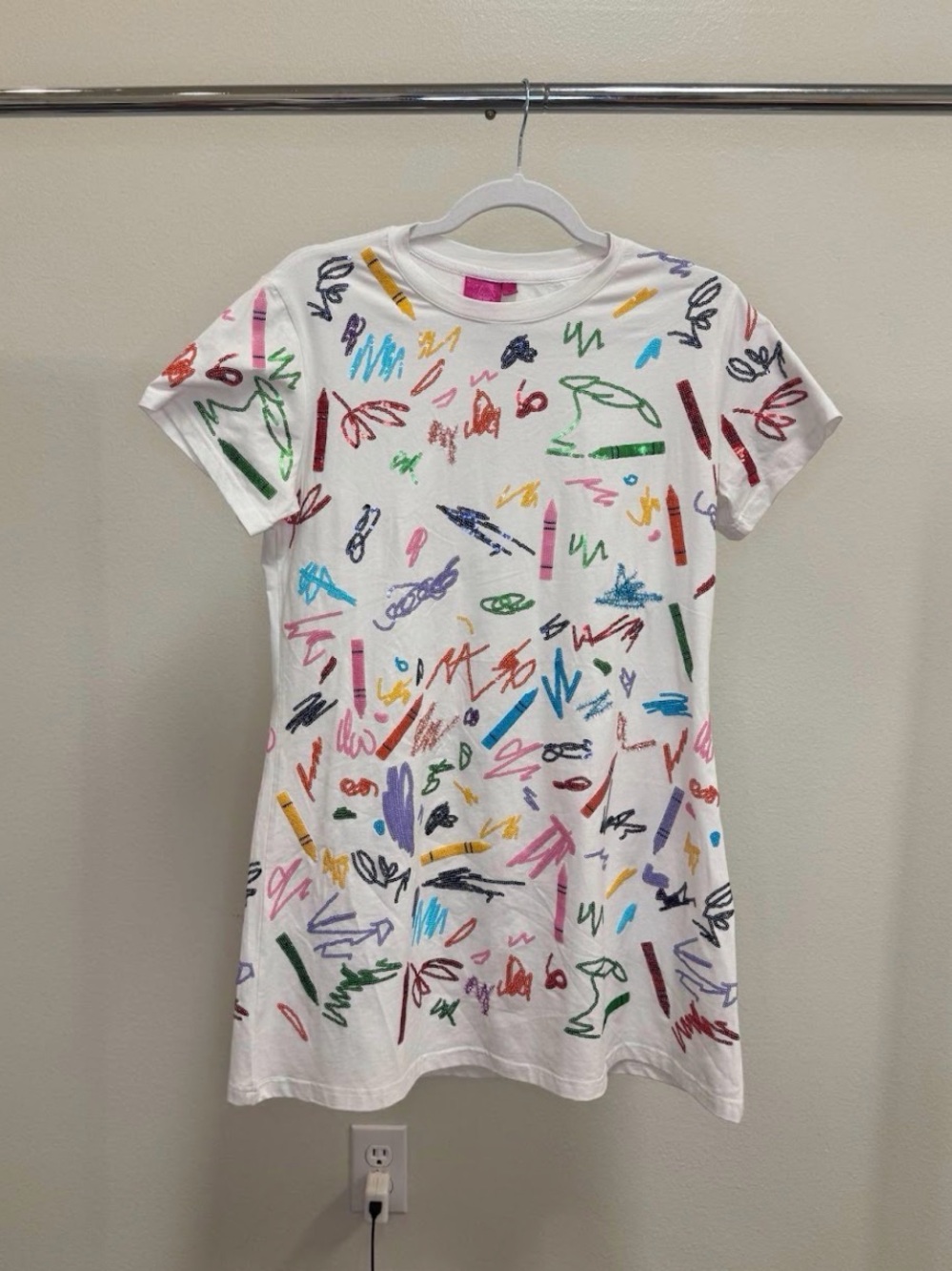 QUEEN OF SPARKLES White Mini Dress with Multicolor Scribble Print